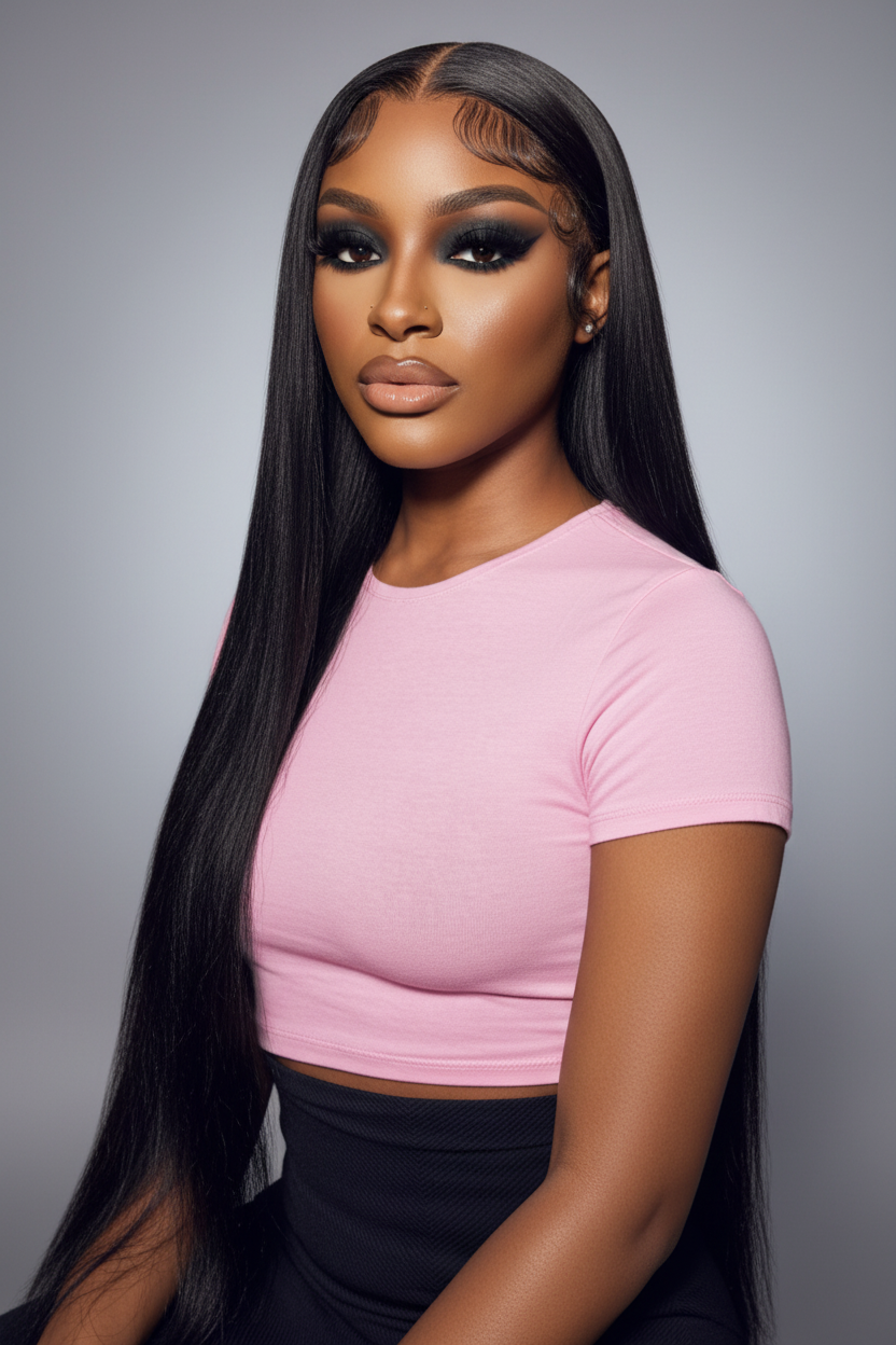Straight Vietnamese HD lace frontal wig with sleek, silky straight hair and 250% density from THE HAIR PUSHER.