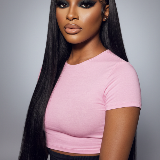 Straight Vietnamese HD lace frontal wig with sleek, silky straight hair and 250% density from THE HAIR PUSHER.