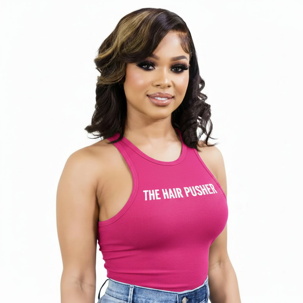 Honey blonde The Heiress 13x4 transparent lace front human hair bob wig by THE HAIR PUSHER PREMIUM LUXE HAIR, 12-inch length.
