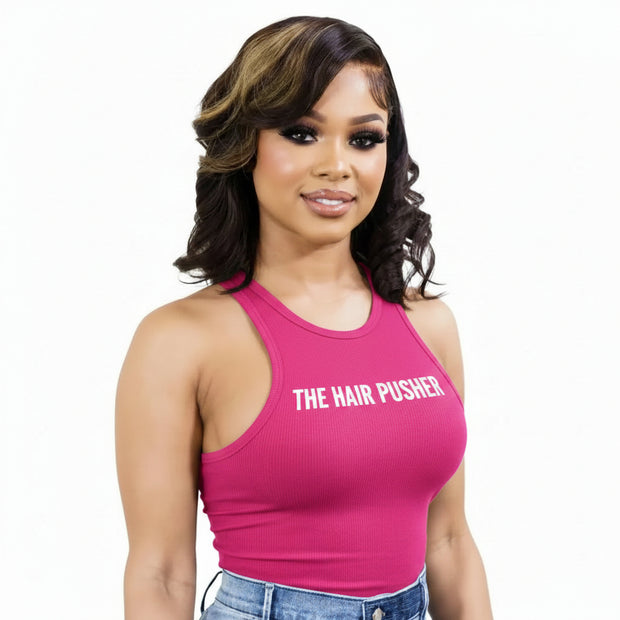 Honey blonde The Heiress 13x4 transparent lace front human hair bob wig by THE HAIR PUSHER PREMIUM LUXE HAIR, 12-inch length.
