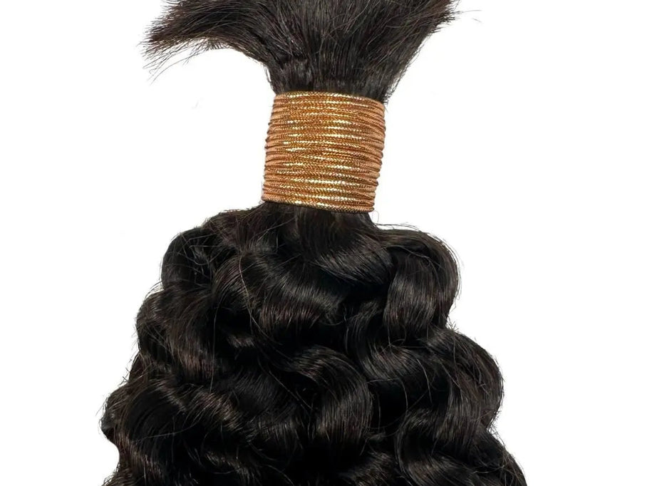 Water wave 100% human braiding hair bulk from THE HAIR PUSHER PREMIUM LUXE HAIR, showing soft, textured water wave hair extensions.