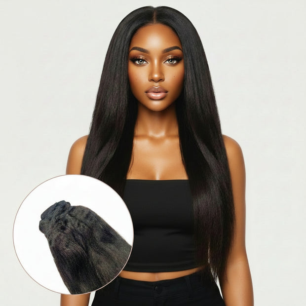 Yaki straight clip-in hair extensions by THE HAIR PUSHER PREMIUM LUXE HAIR, 100% human hair, natural straight texture