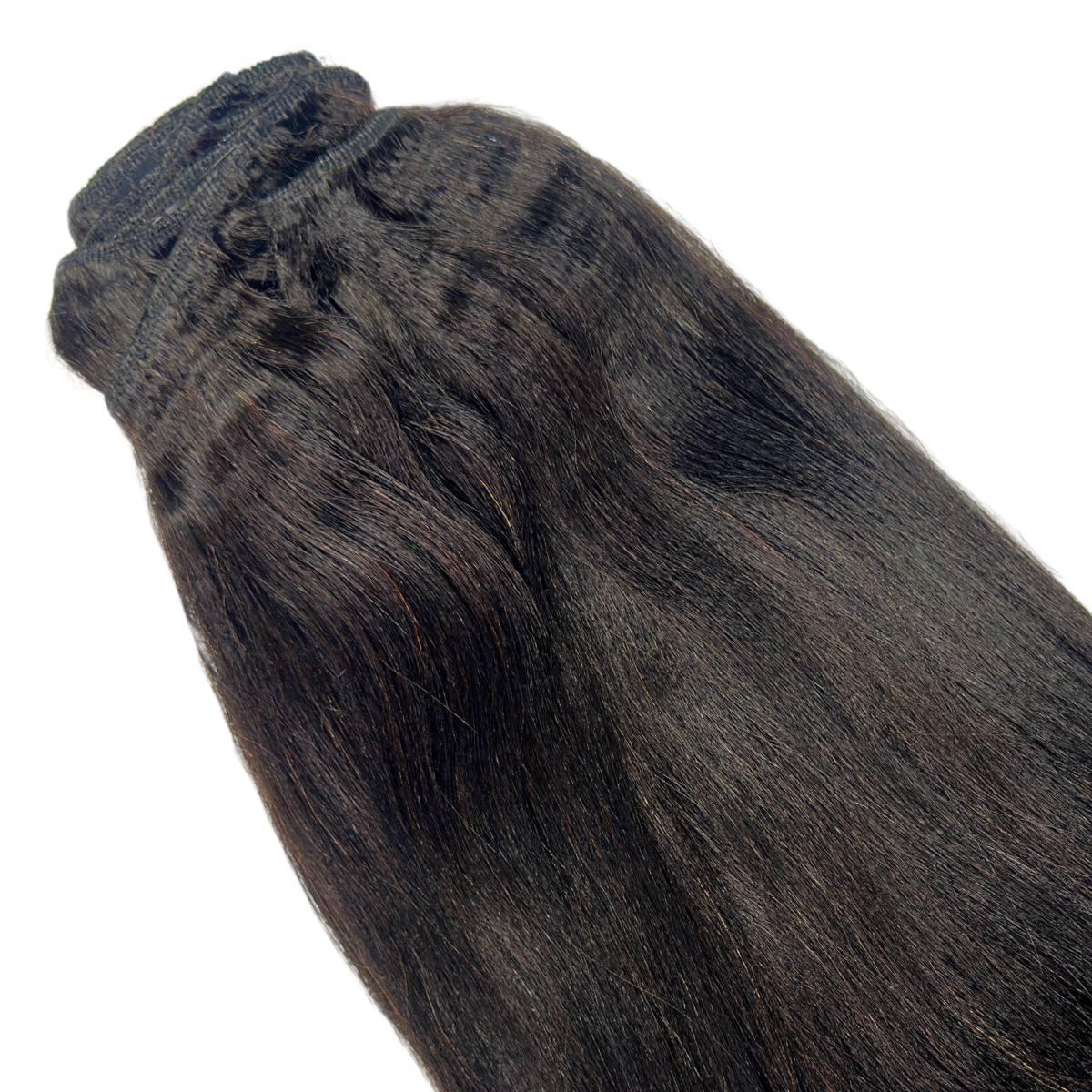Yaki straight clip-in hair extensions by THE HAIR PUSHER PREMIUM LUXE HAIR, featuring 100% human hair for natural style.