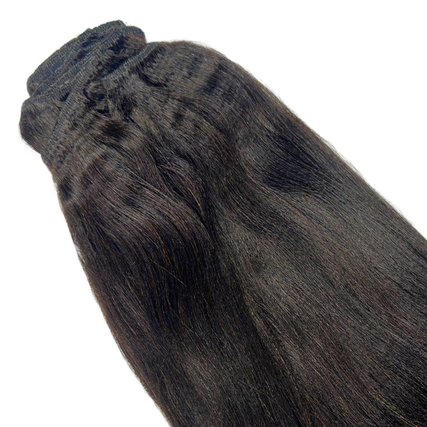 Yaki straight clip-in hair extensions by THE HAIR PUSHER PREMIUM LUXE HAIR, featuring 100% human hair for natural style.