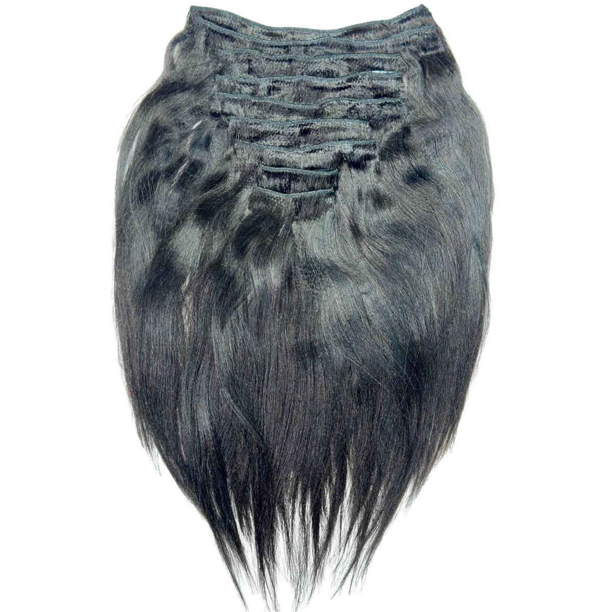 Yaki straight clip-in hair extensions by THE HAIR PUSHER PREMIUM LUXE HAIR, showing natural-looking 100% human hair extensions.