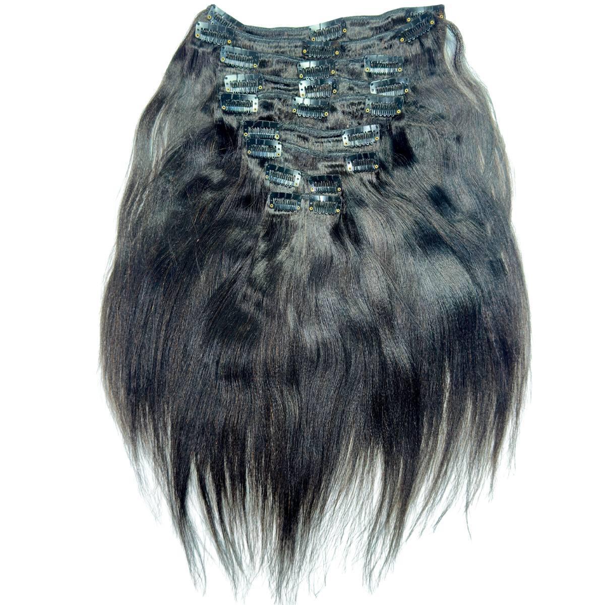 Yaki straight clip-in hair extensions by THE HAIR PUSHER PREMIUM LUXE HAIR, 100% human hair, styled with straight texture