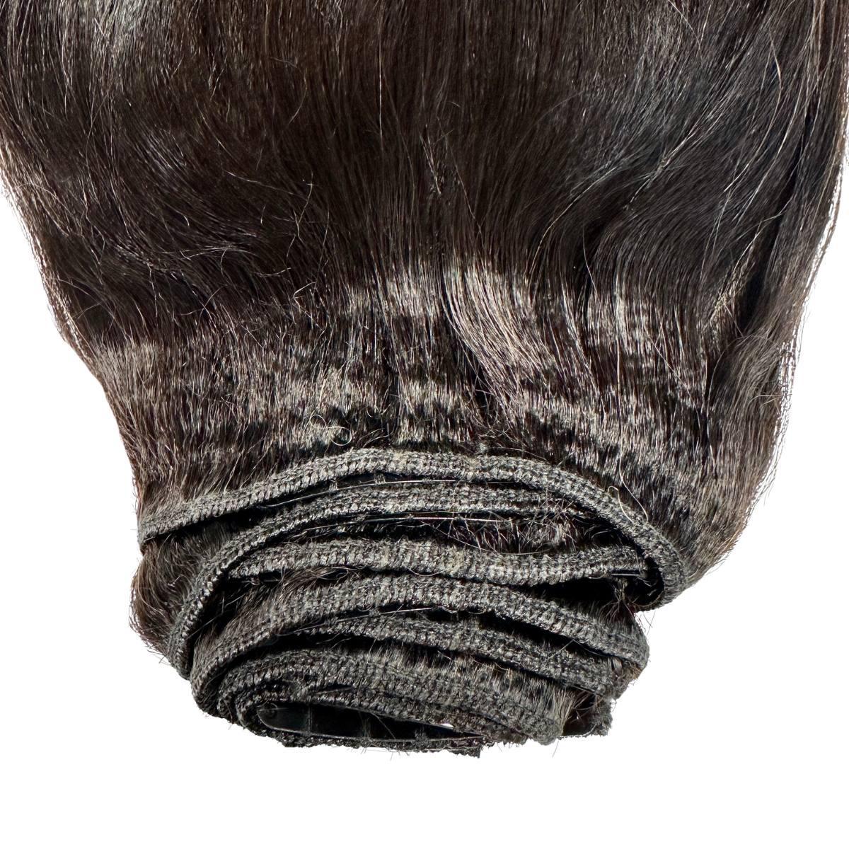 Yaki straight clip-in hair extensions by THE HAIR PUSHER PREMIUM LUXE HAIR, 100% human hair, natural straight style.