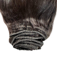 Yaki straight clip-in hair extensions by THE HAIR PUSHER PREMIUM LUXE HAIR, 100% human hair, natural straight style.