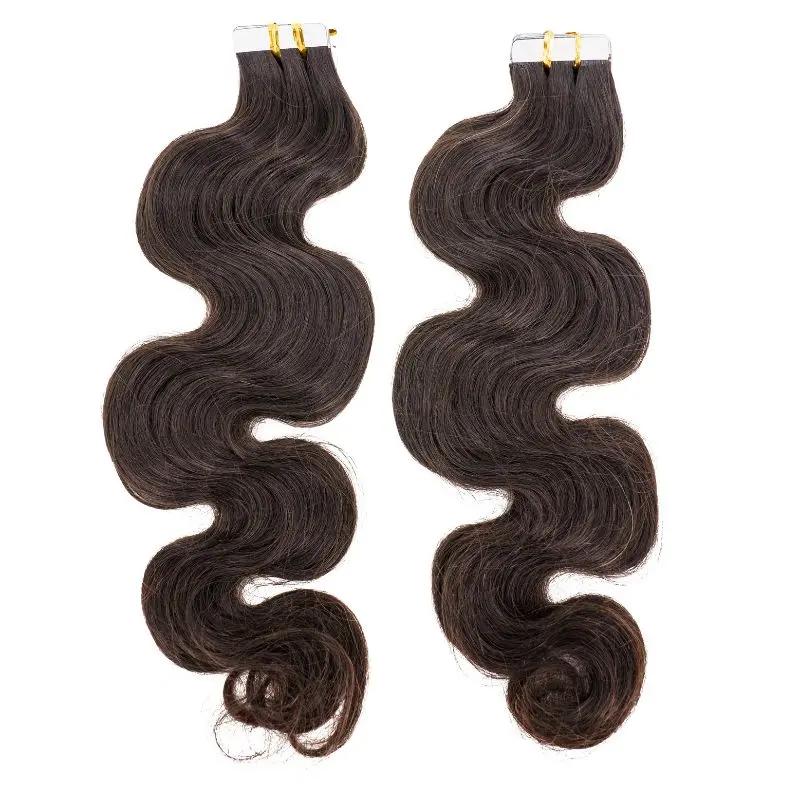 Raw Body Wave 100% Human Hair Tape-In Extensions from THE HAIR PUSHER PREMIUM LUXE HAIR, showing smooth, wavy hair tape-in extensions.