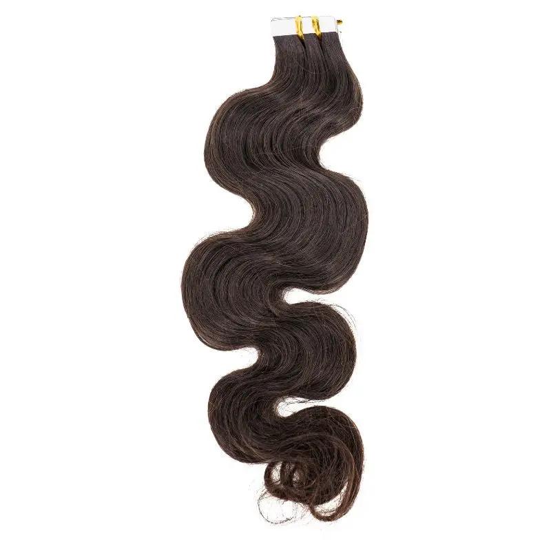 Raw Body Wave 100% human hair tape-in extensions by THE HAIR PUSHER PREMIUM LUXE HAIR, showcasing smooth, wavy hair tapes.
