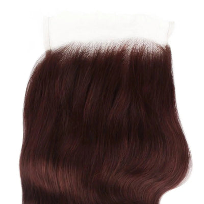 Burgundy body wave 5x5 HD lace human hair closure from THE HAIR PUSHER PREMIUM LUXE HAIR, showing detailed lace and wavy hair texture.