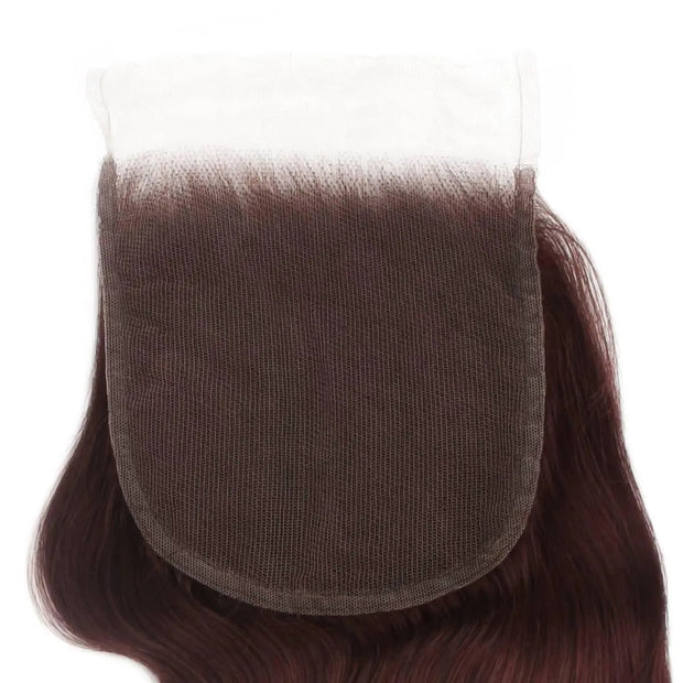 Burgundy Body Wave 5x5 HD lace human hair closure from THE HAIR PUSHER PREMIUM LUXE HAIR, showing detailed lace and hair texture.