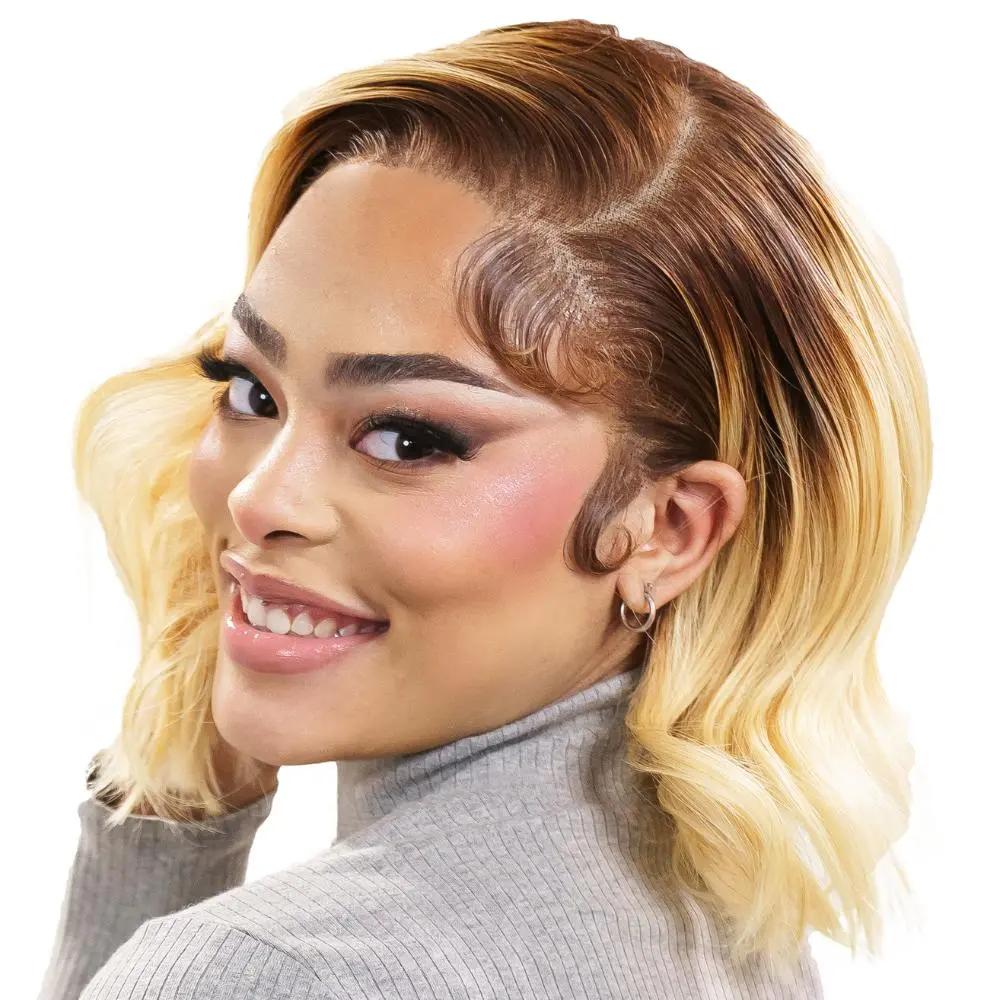 Dark-root blonde highlight lace front bob wig by THE HAIR PUSHER PREMIUM LUXE HAIR, showcasing a 13x4 transparent lace front design.