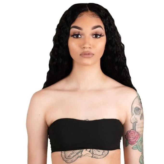Deep Wave 13x4 transparent lace front human hair wig by THE HAIR PUSHER PREMIUM LUXE HAIR, showcasing the lace front and wavy texture.