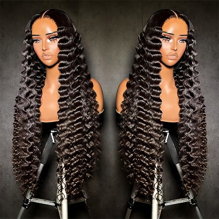Deep Wave 6x6 HD lace wig by THE HAIR PUSHER PREMIUM LUXE HAIR, showcasing wavy texture and lace cap detail.