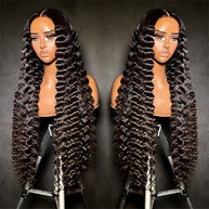 Deep Wave 6x6 HD lace wig by THE HAIR PUSHER PREMIUM LUXE HAIR, showcasing wavy texture and lace cap detail.