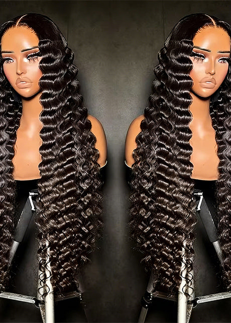 Deep Wave 6x6 HD lace wig by THE HAIR PUSHER PREMIUM LUXE HAIR, showcasing wavy texture and lace cap detail.