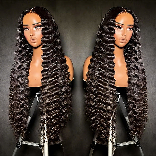 Deep Wave 6x6 HD lace wig by THE HAIR PUSHER PREMIUM LUXE HAIR, showcasing wavy texture and lace cap detail.