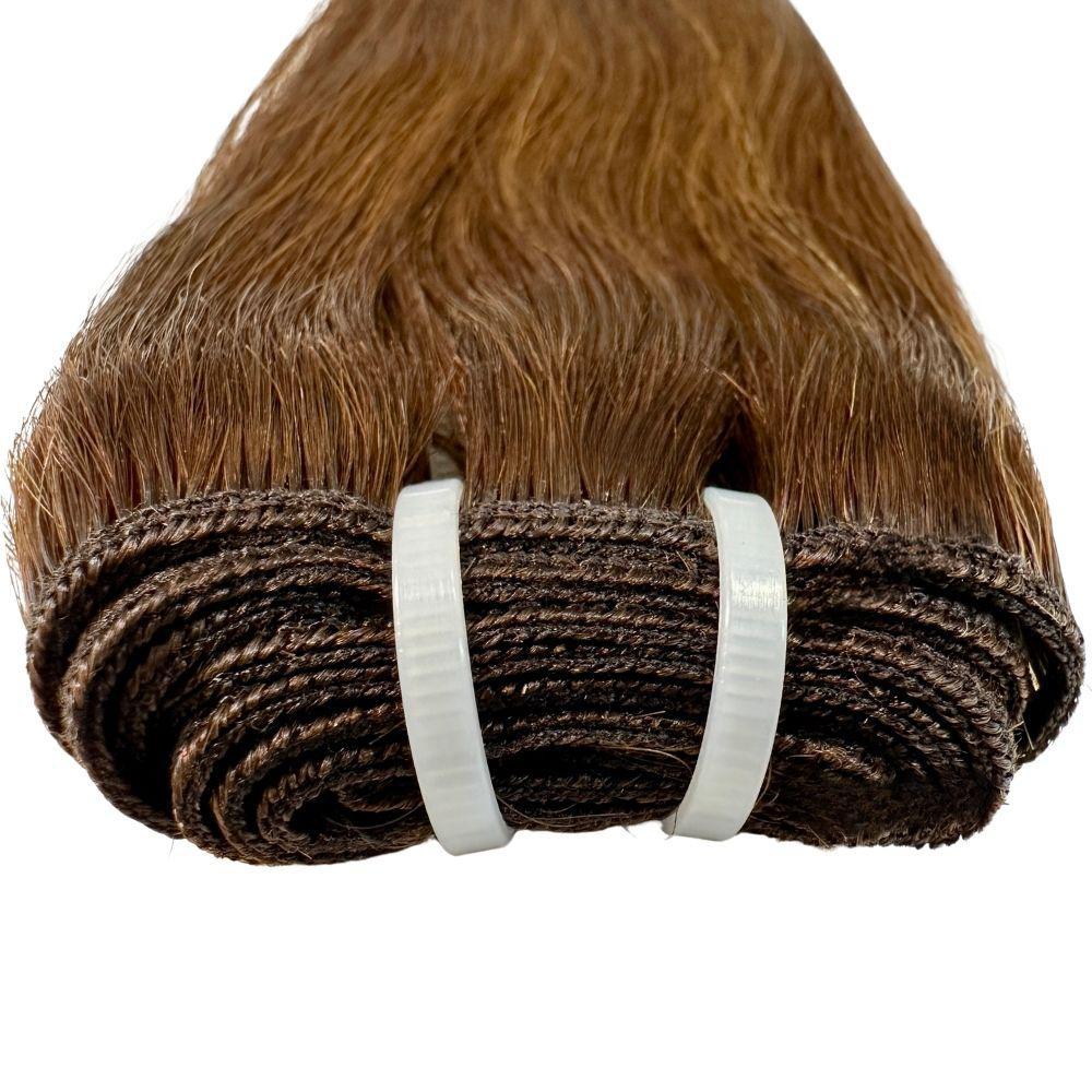 Raw dark brown straight human hair bundles from THE HAIR PUSHER PREMIUM LUXE HAIR, showcasing the smooth, straight hair extensions.