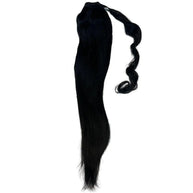 Jet black 100% human hair ponytail extension from THE HAIR PUSHER PREMIUM LUXE HAIR, shown in full view.