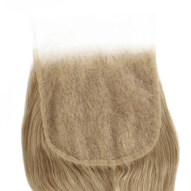 Honey blonde 5x5 HD lace human hair closure by THE HAIR PUSHER PREMIUM LUXE HAIR, showcasing the detailed lace and hair texture.