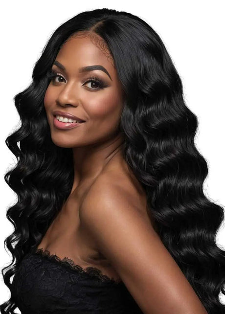 Jet black body wave human hair bundles from The Hair Pusher displayed on a model, showcasing shiny, smooth hair extensions.