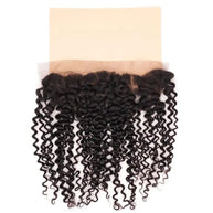 Kinky Curly 13x4 transparent lace human hair frontal by THE HAIR PUSHER PREMIUM LUXE HAIR, showcasing natural curly hair texture.