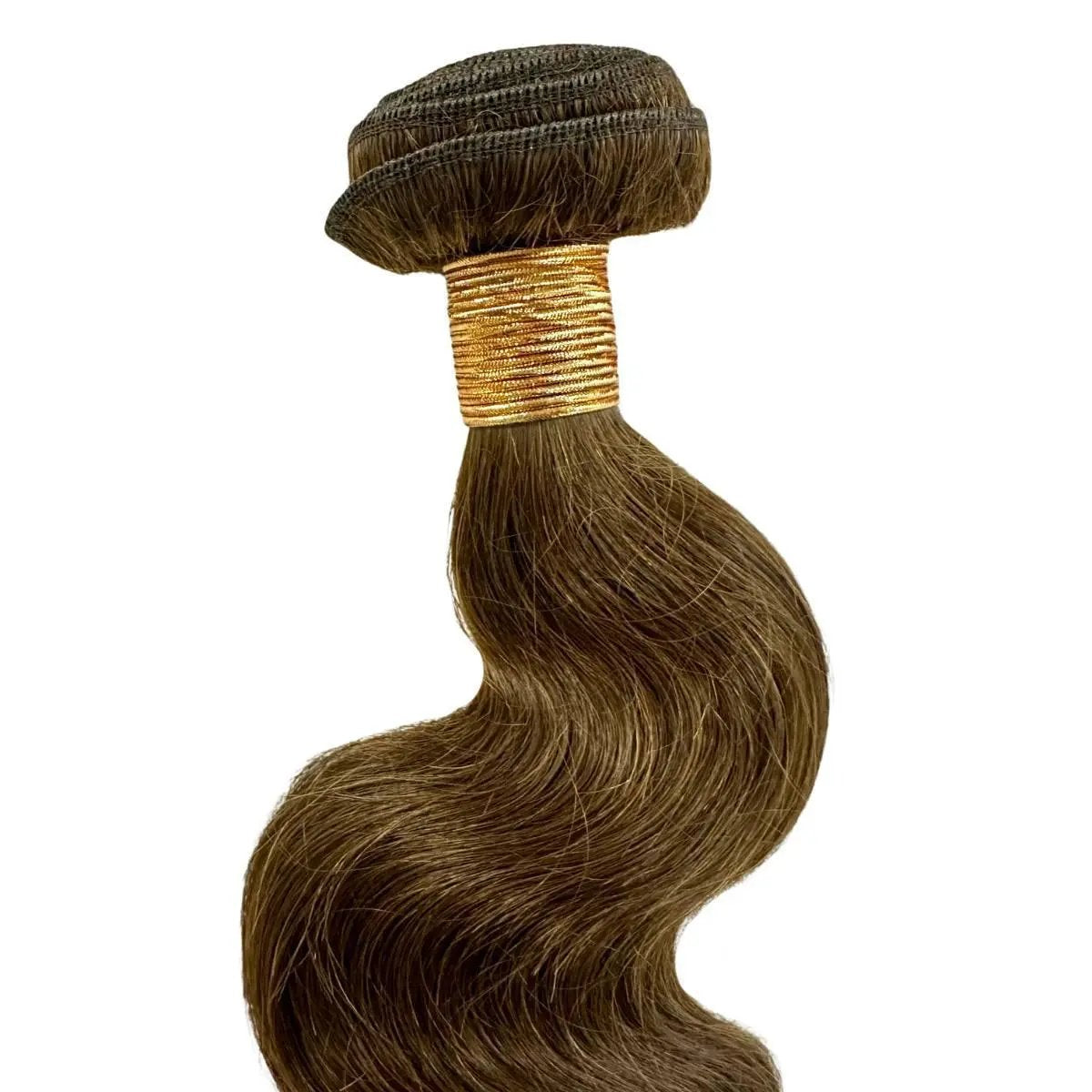 Medium brown human hair bundle with body wave texture from THE HAIR PUSHER PREMIUM LUXE HAIR, showing natural curls and shiny finish.