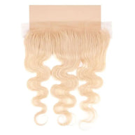 Russian blonde 13x4 lace frontal weave by THE HAIR PUSHER PREMIUM LUXE HAIR, featuring a natural blonde body wave human hair extension.