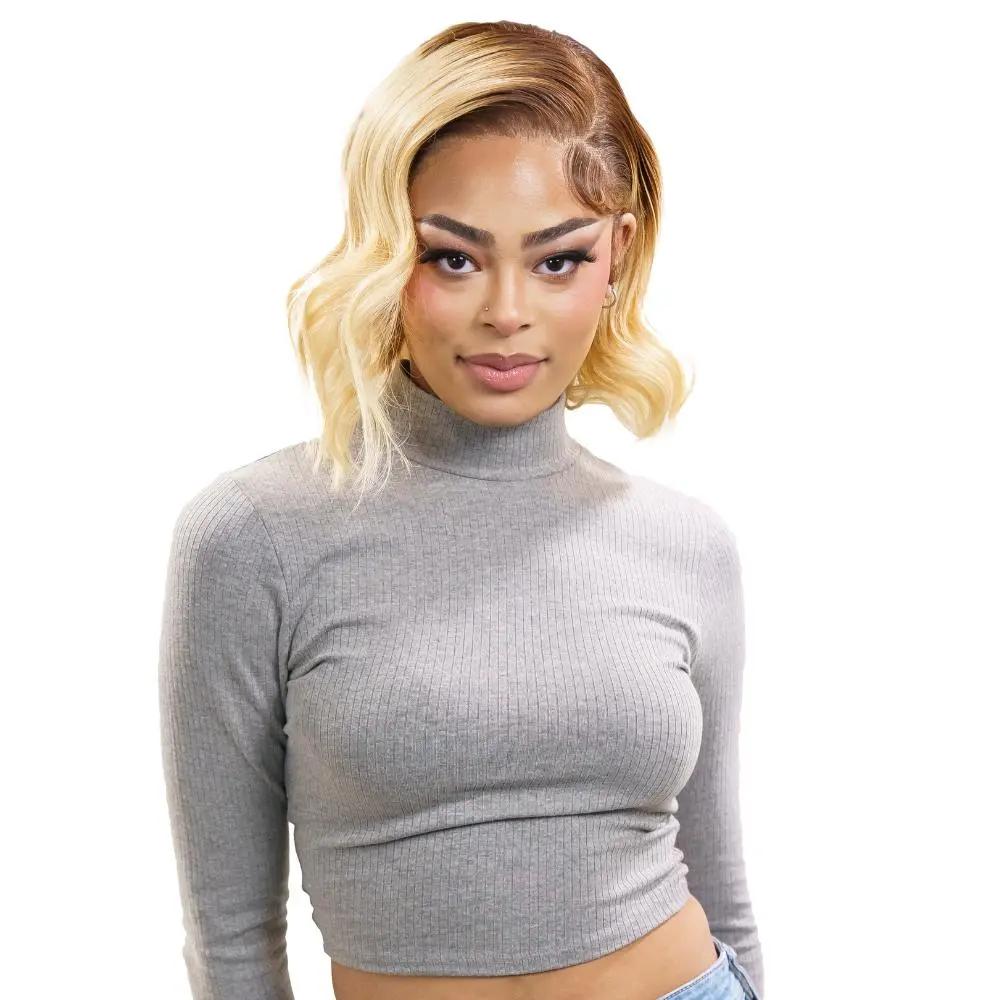 Blonde highlight bob wig with transparent lace front, 100% human hair, styled in a short, sleek bob from THE HAIR PUSHER PREMIUM LUXE HAIR.