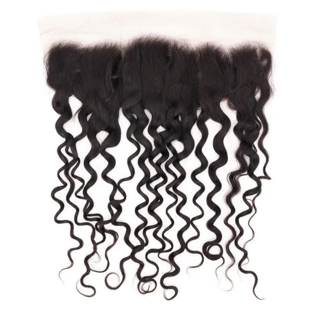 Spanish Wave 13x4 transparent lace human hair frontal from THE HAIR PUSHER PREMIUM LUXE HAIR, showcasing wavy hair and lace detail.