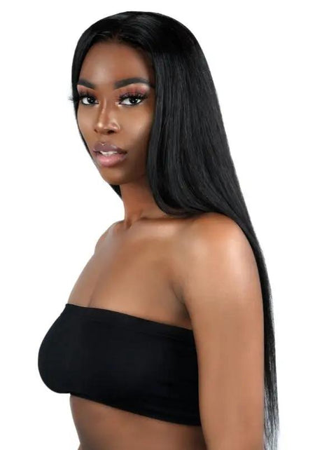 Straight 13x4 transparent lace front human hair wig from THE HAIR PUSHER PREMIUM LUXE HAIR, shown from the side.
