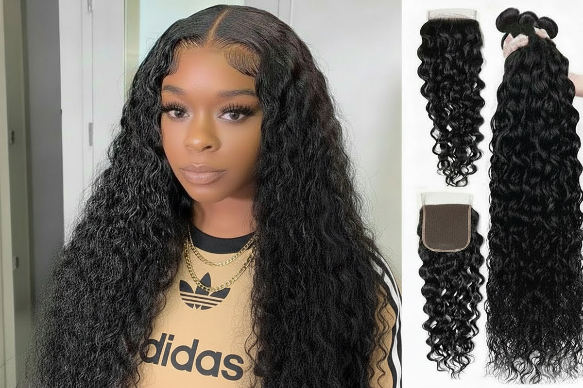 Model wearing dark curly water wave hair; separate product images show a lace closure and curly hair bundles.