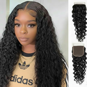 Model wearing dark curly water wave hair; separate product images show a lace closure and curly hair bundles.