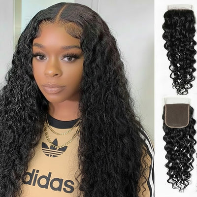 Model wearing dark curly water wave hair; separate product images show a lace closure and curly hair bundles.