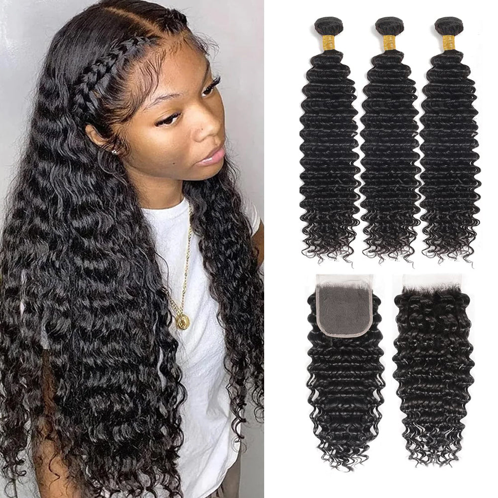 Model wearing dark deep-wave hair beside three deep-wave bundles and two lace finishing pieces.
