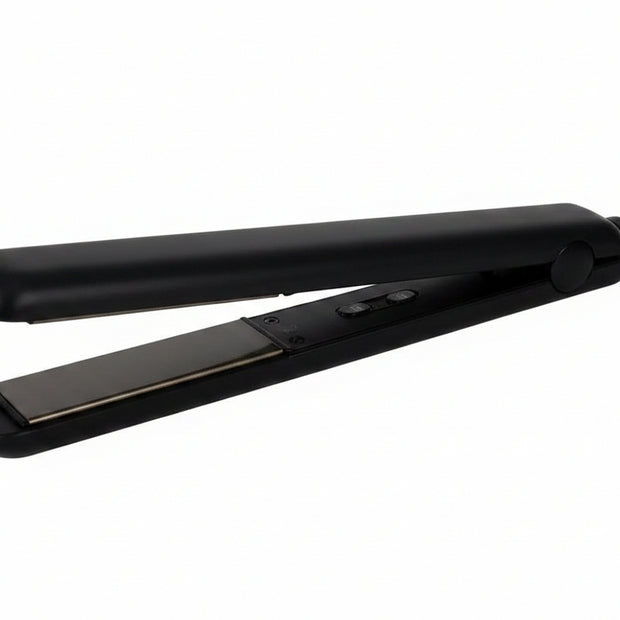 1-inch titanium flat iron by THE HAIR PUSHER PREMIUM LUXE HAIR, professional hair styling tool with sleek titanium plates.